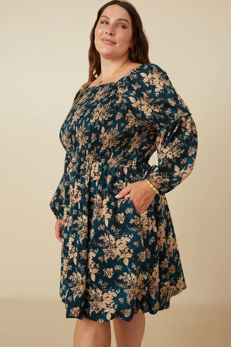 Texture Style Floral Peasant Sleeve Square Neck Dress