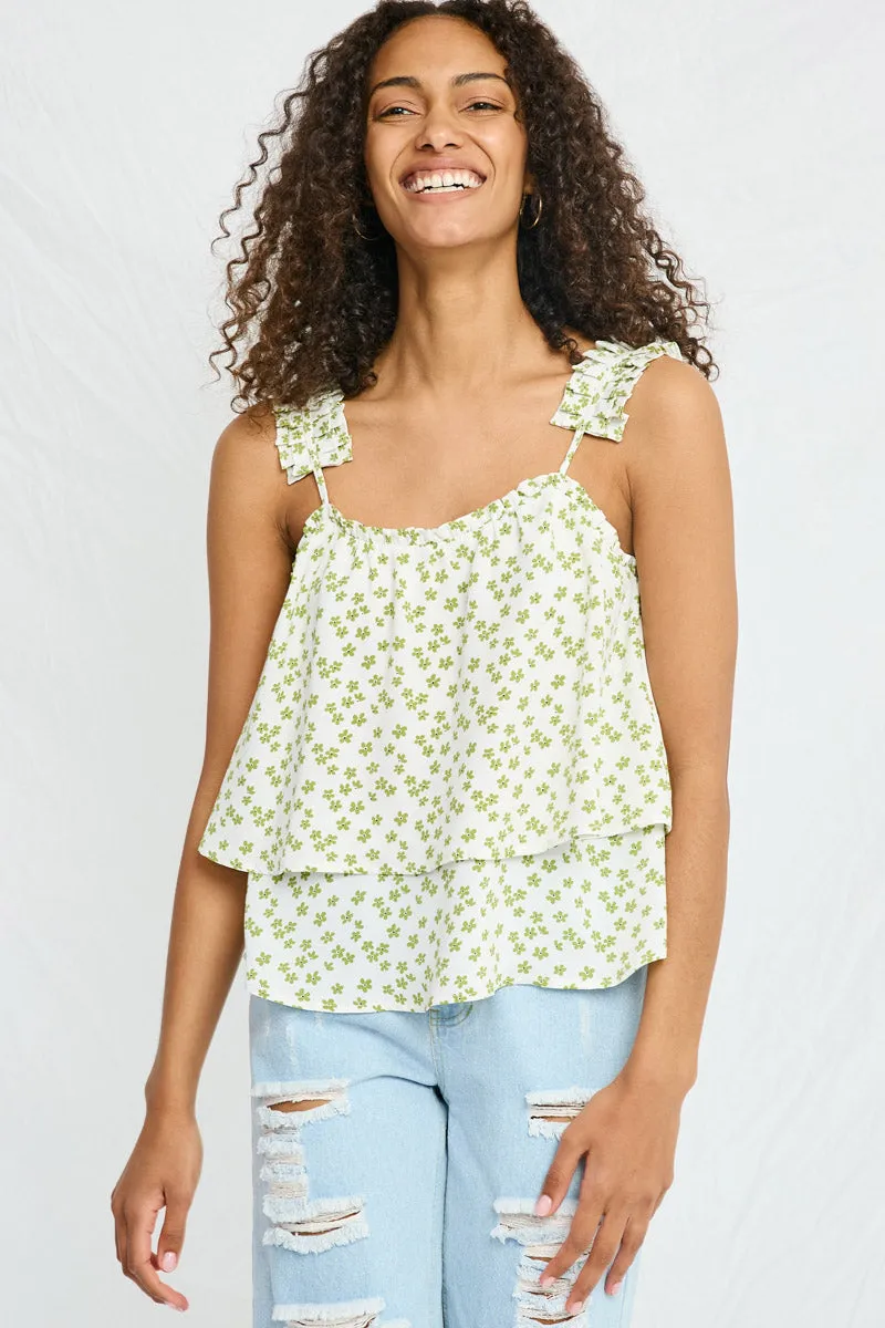 Floral Pleated Strap Layered Tank StaticResistant Material
