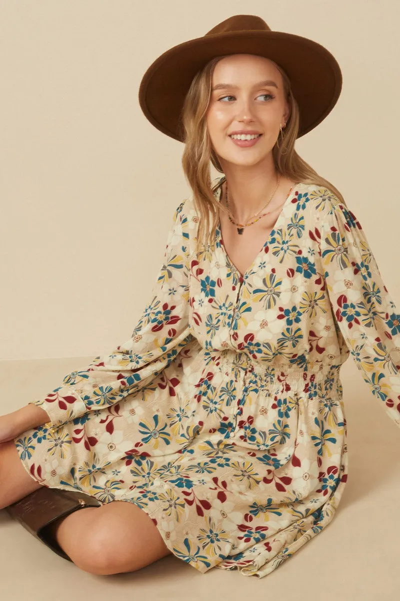 Floral Print Button Up V Neck Smock Detail Dress Warm Season