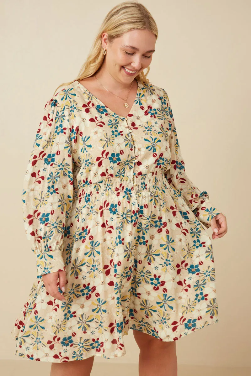 Floral Print Button Up V Neck Smock Detail Dress Cool Touch Zip-Closure
