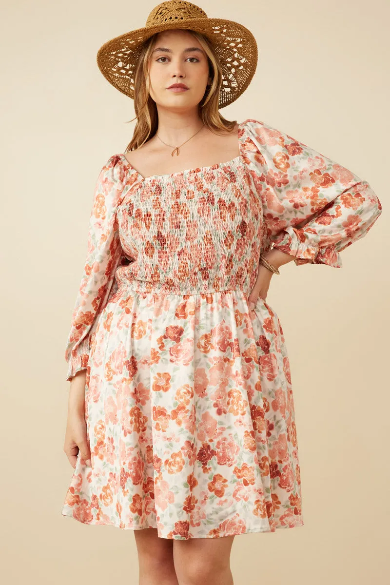 Floral Print Cinch Cuff Smocked Square Neck Dress Comfy Texture