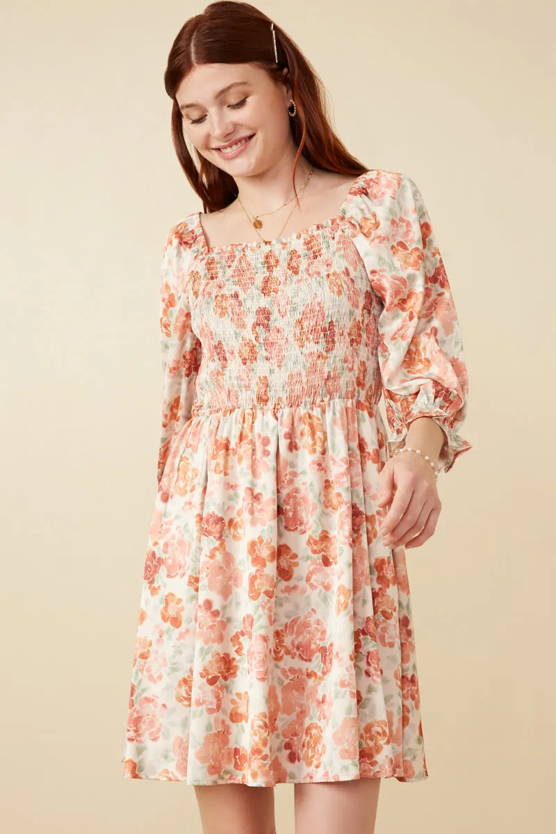 Floral Print Cinch Cuff Smocked Square Neck Dress Cap-Sleeve