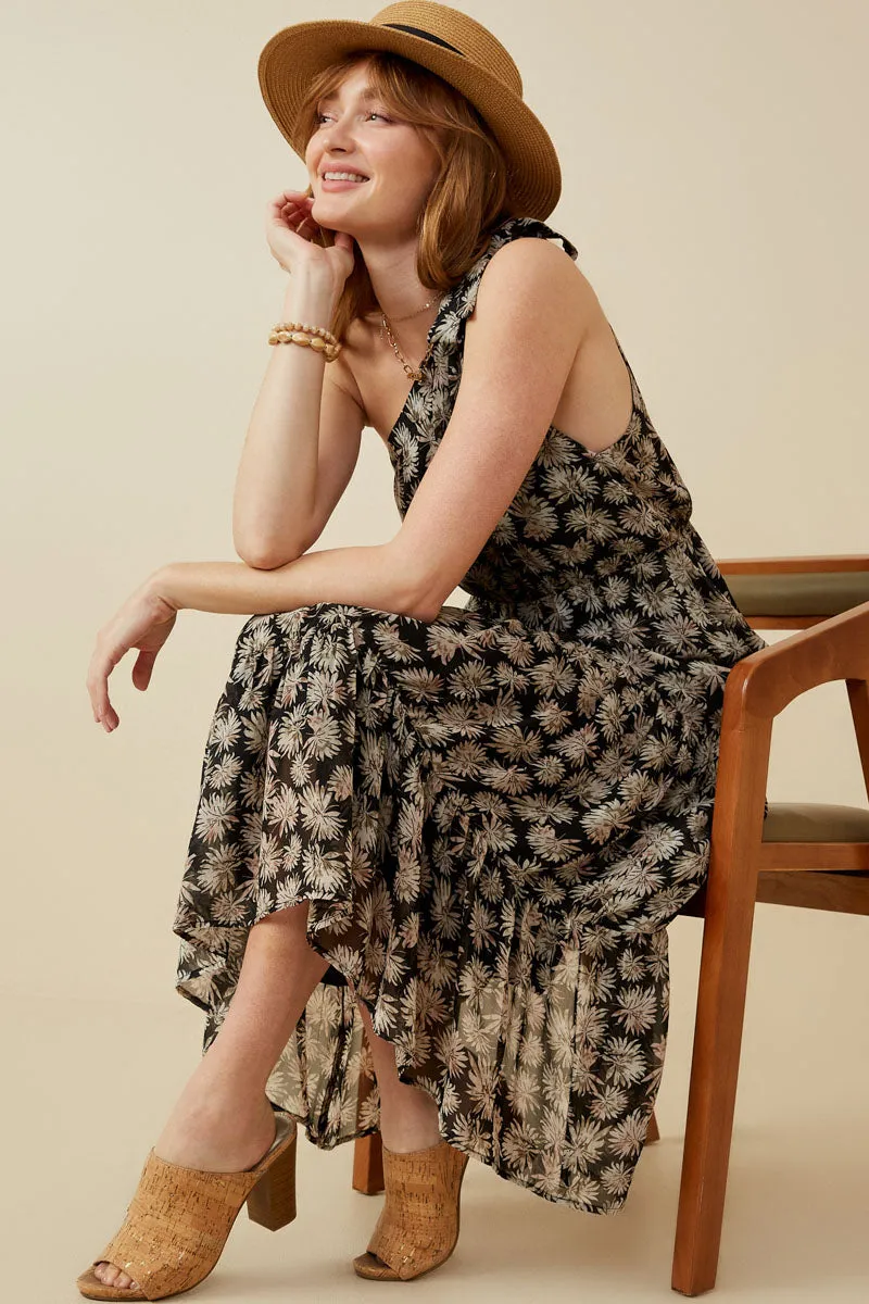 Flowing Lines Floral Print One Shoulder Tiered Dress