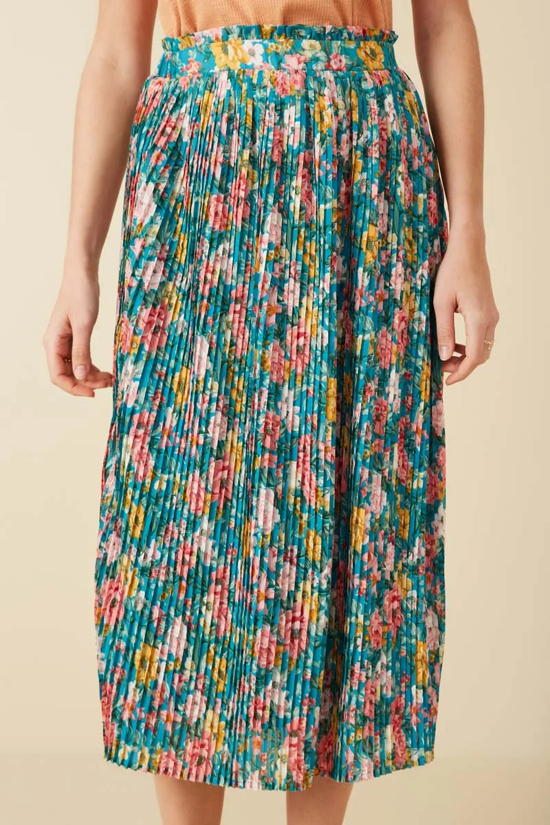 All Use Multi Panel Construction Floral Print Pleated Ruffle Waist Skirt