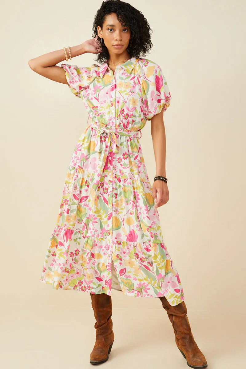 photo look Social Charm Floral Print Puff Sleeve Collared Dress