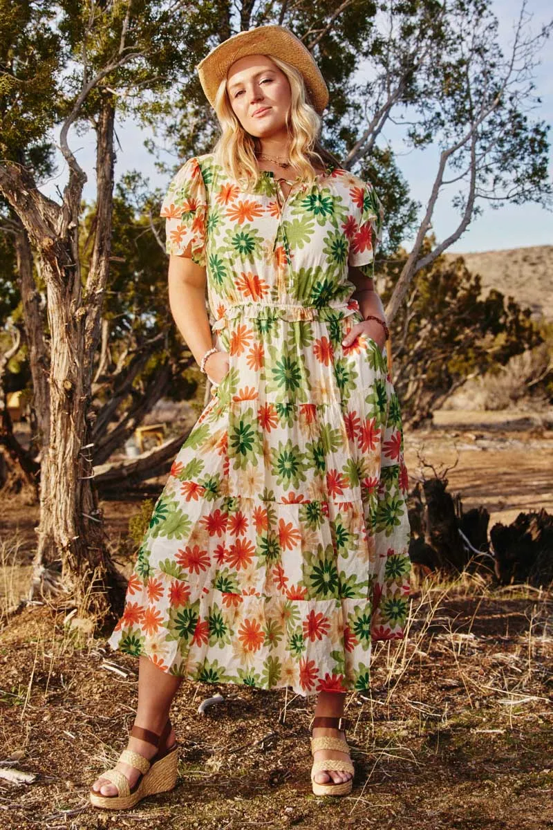 Lace Soft Anti-Static-Finish Floral Print Ruffle Neck Layered Sleeve Dress