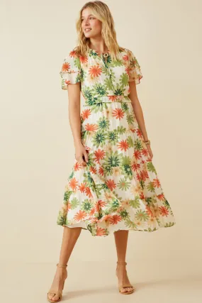 Travel Comfort Skirt Flare Floral Print Ruffle Neck Layered Sleeve Dress