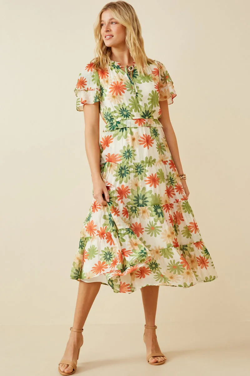 Romantic Bloom Floral Print Ruffle Neck Layered Sleeve Dress