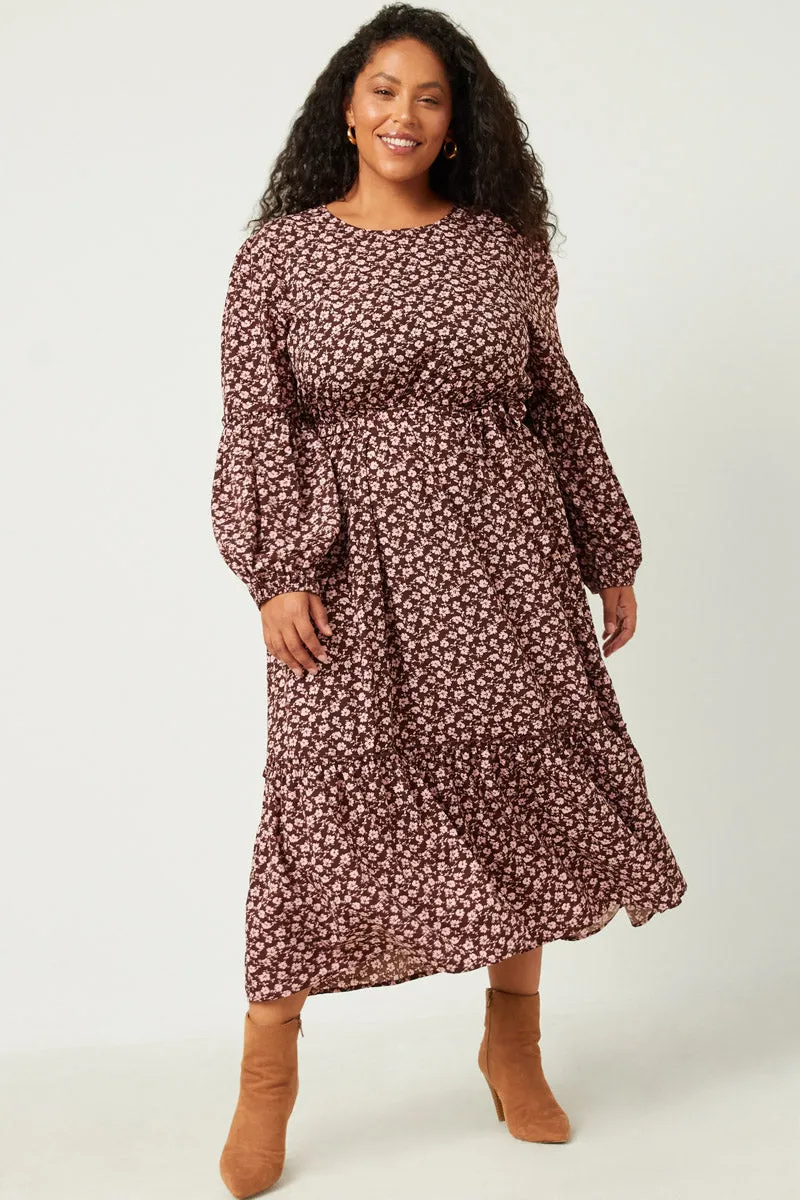 Match Quick Floral Print Ruffled Balloon Sleeve Belted Midi Dress