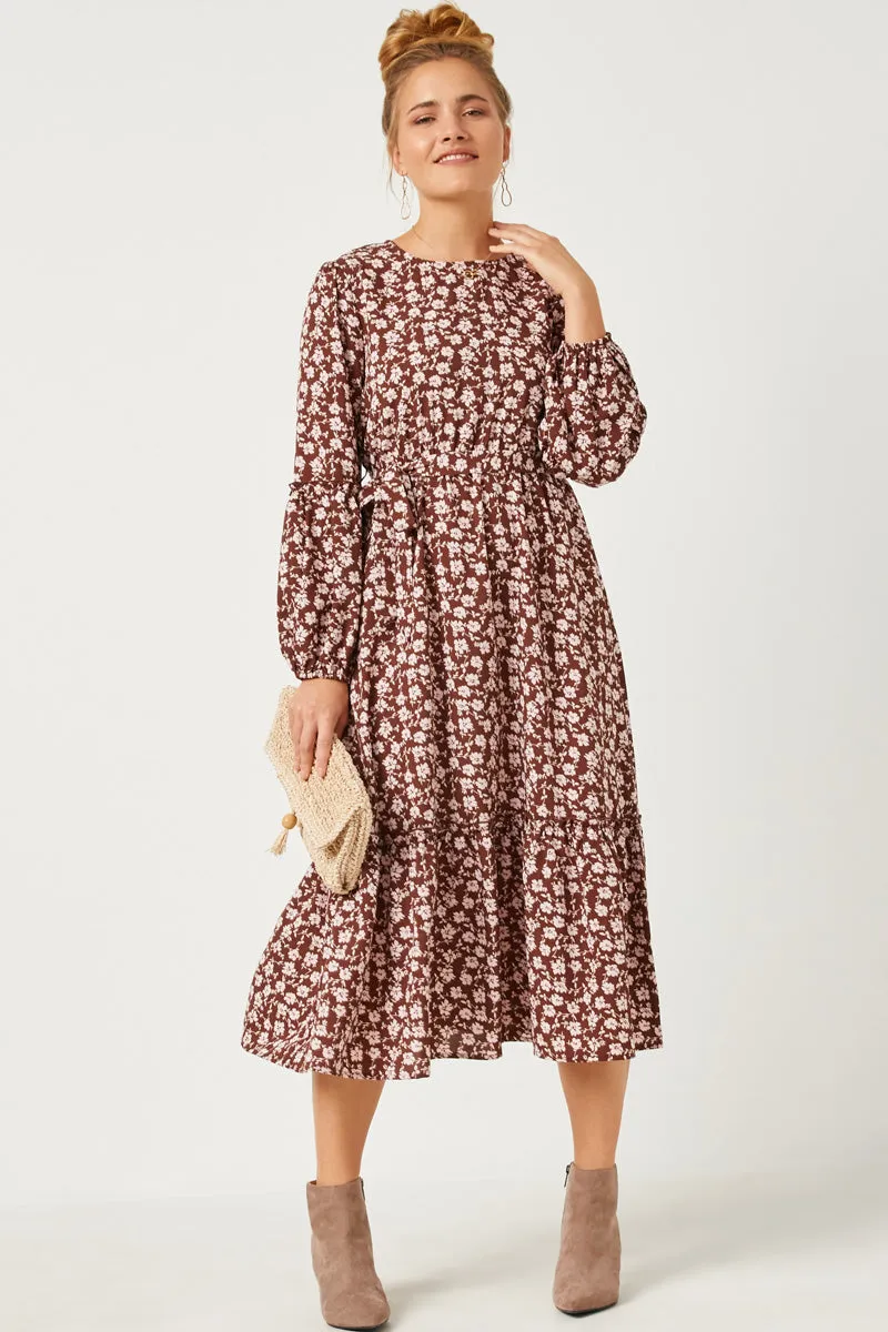 Flare Breeze Floral Print Ruffled Balloon Sleeve Belted Midi Dress