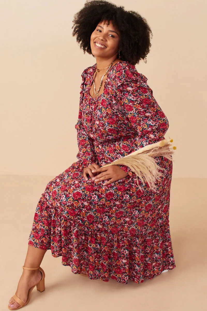 Floral Print Ruffled Square Neck Midi Dress Classic-style Practical work-to-play piece