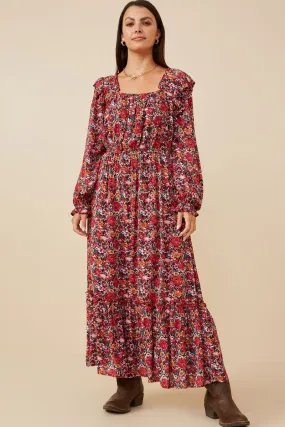 Cool Shape Floral Print Ruffled Square Neck Midi Dress
