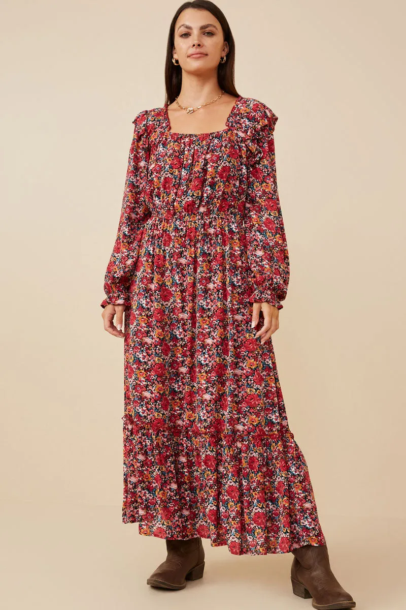 Floral Print Ruffled Square Neck Midi Dress Asymmetric-Neck Walk Grace
