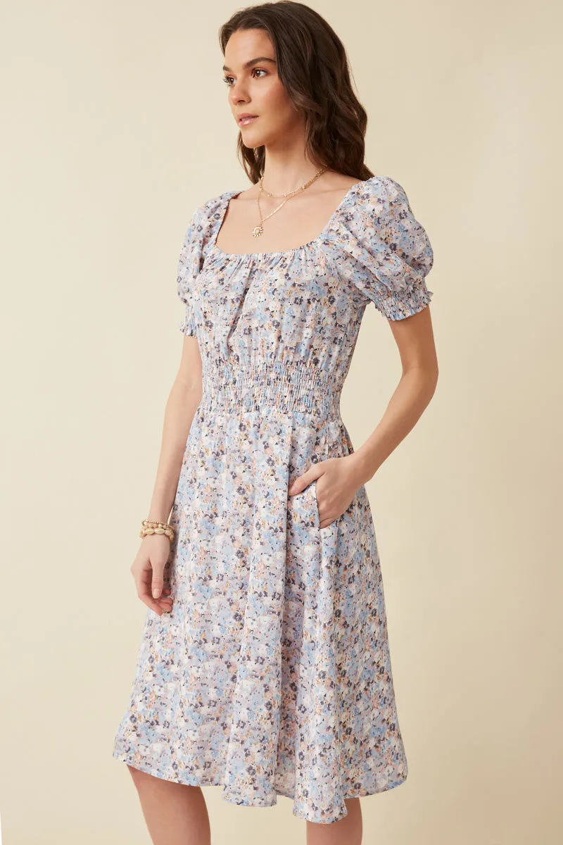 Tactile Feel Daily Style Floral Print Smock Detail Puff Sleeve Mini Dress