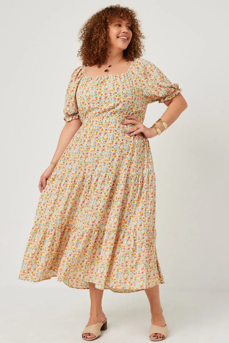 Smooth Tone Floral Print Smocked Back Square Neck Puff Sleeve Dress