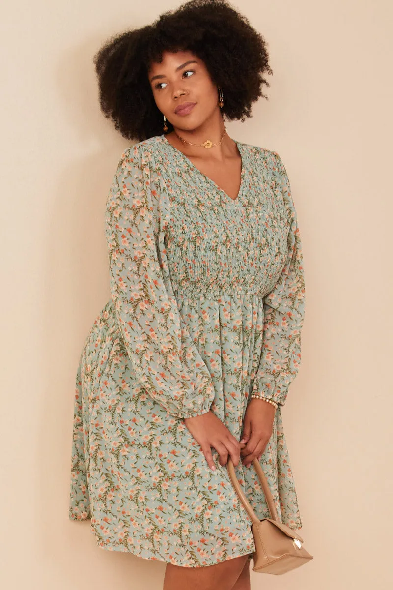 Contrasting Detail Flowing Texture Floral Print Smocked Panel V Neck Mini Dress