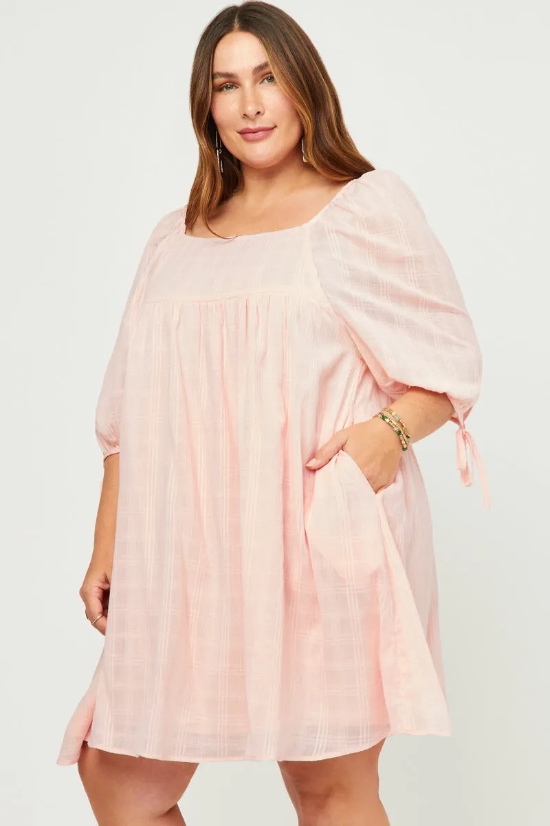 Smooth Line Textured Solid Checkered Tie Sleeve Square Neck Dress