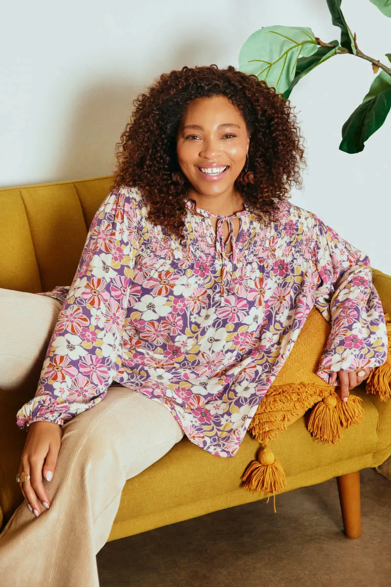 ConvertibleStyle AntiSlipGrip Floral Print Tie Neck Smocked Long Sleeve Top