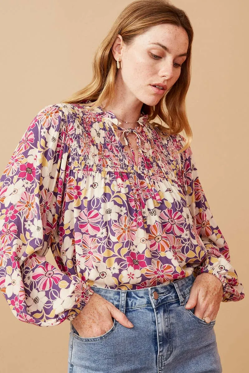 Floral Print Tie Neck Smocked Long Sleeve Top FlexibleSole