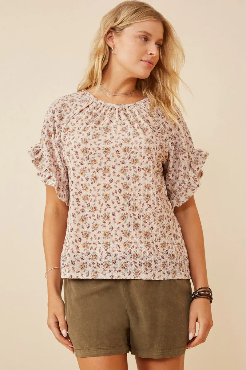 Double Stitched Hem Floral Print Velvet Knit Ruffle Sleeve Top