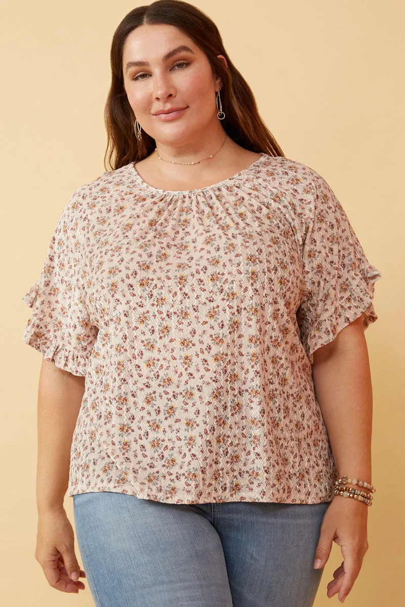 Fade Resistant Coating Floral Print Velvet Knit Ruffle Sleeve Top