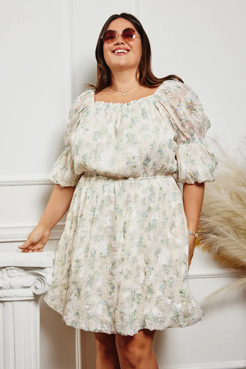 City Style Floral Printed Mesh Puff Sleeve Dress