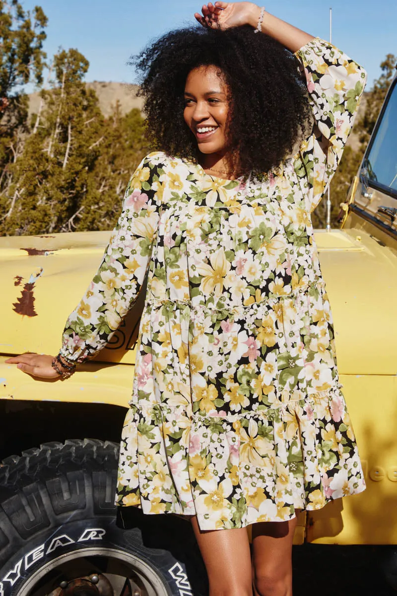 Simple Chic Floral Ribbon Detailed Long Sleeve Tiered Dress