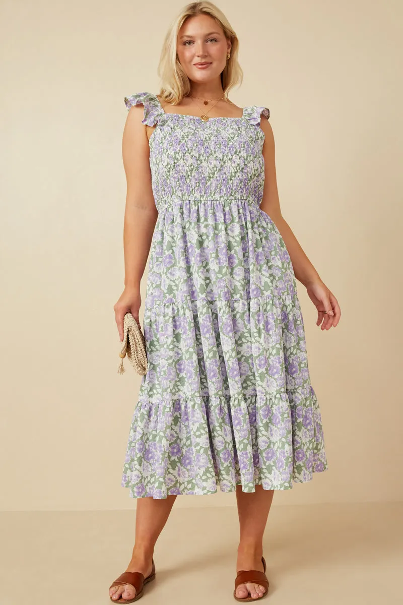 Retro Detail Edgy Look Floral Ruffle Strap Ribbon Back Smocked Dress