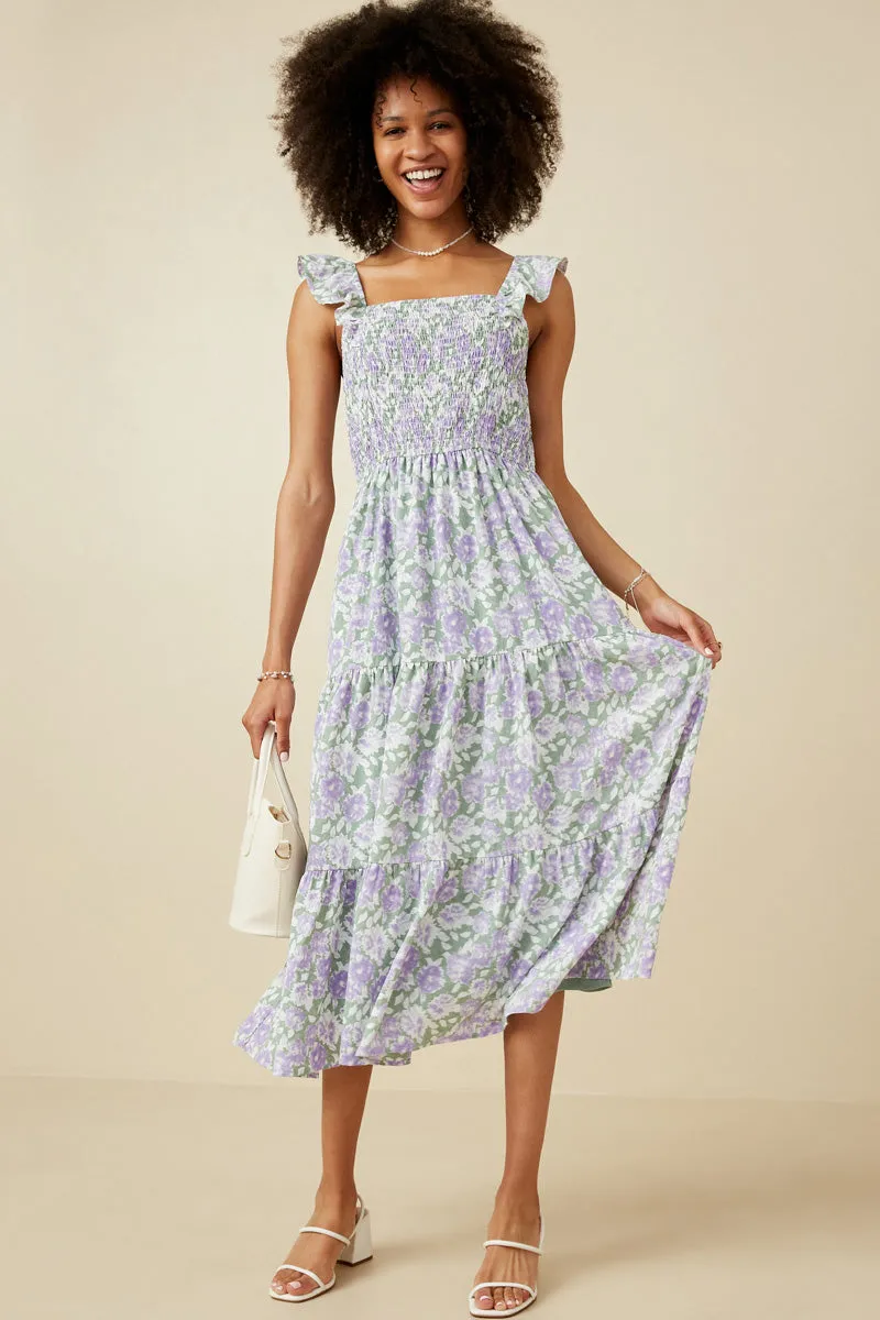 Weekend Look Floral Ruffle Strap Ribbon Back Smocked Dress