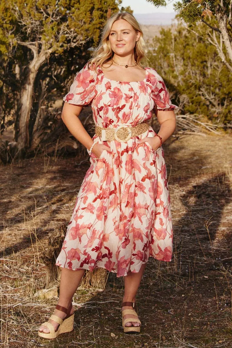 Smocked-Detail Street Mode Floral Smocked Square Neck Dress