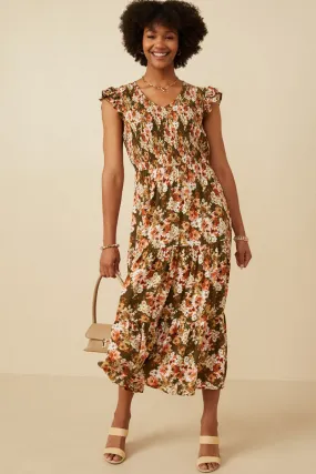 Style Upgrade Floral Smocked V Neck Ruffled Tank Dress