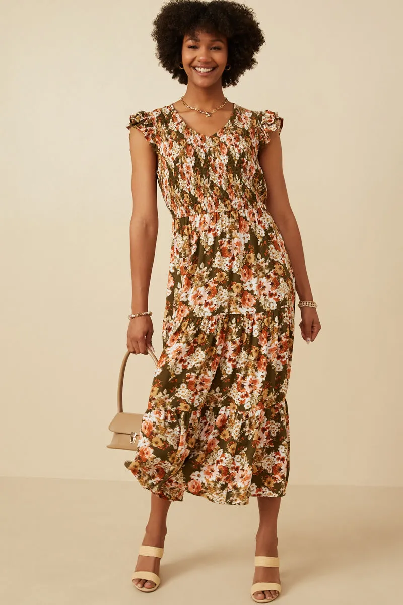 Floral Smocked V Neck Ruffled Tank Dress Daily Casual