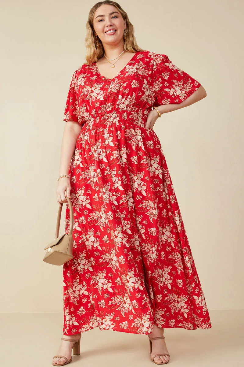 Floral Smocked Waist Flutter Sleeve Dress Nature Bloom Button-Cuff