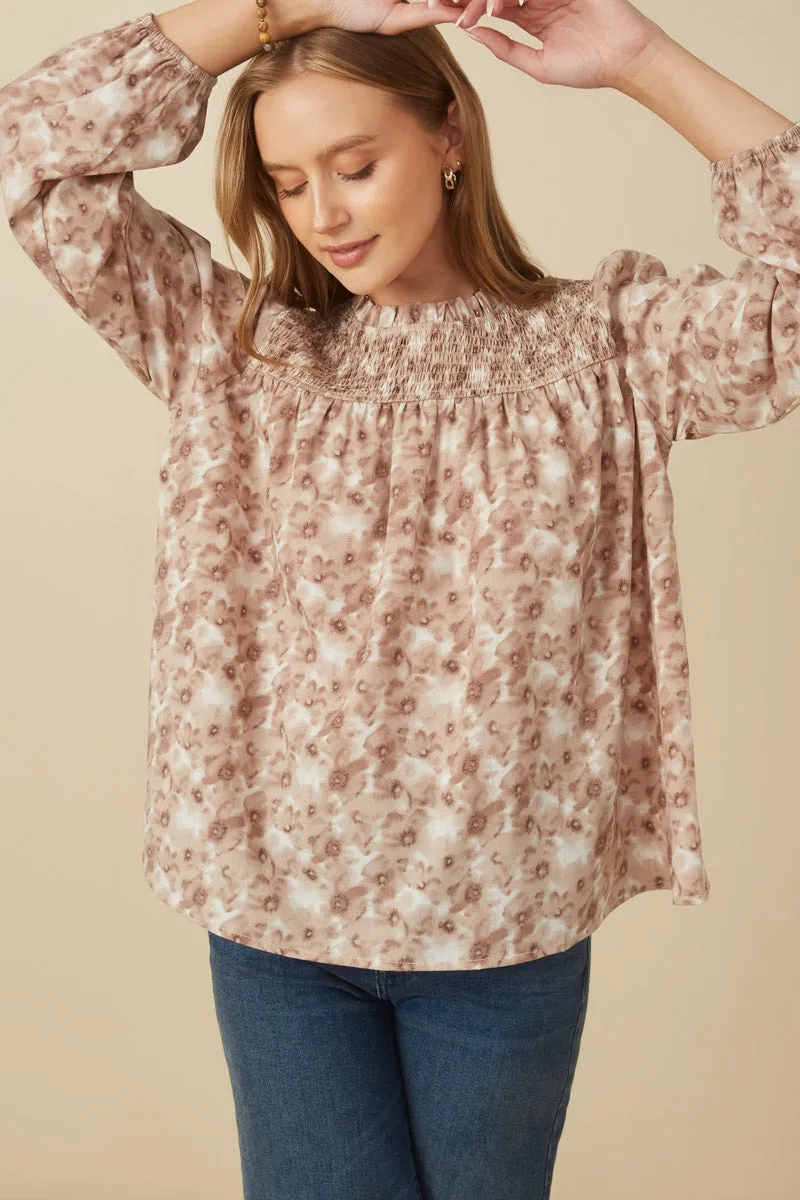 Floral Smocked Yoke Long Sleeve Top Loose Blouse