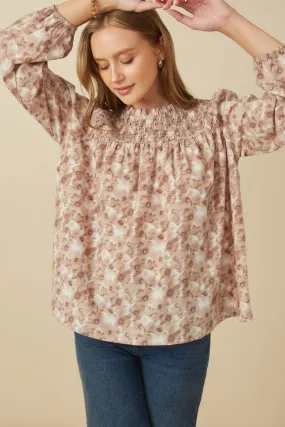 Flexible Cuffs LoopwheelFabric Floral Smocked Yoke Long Sleeve Top