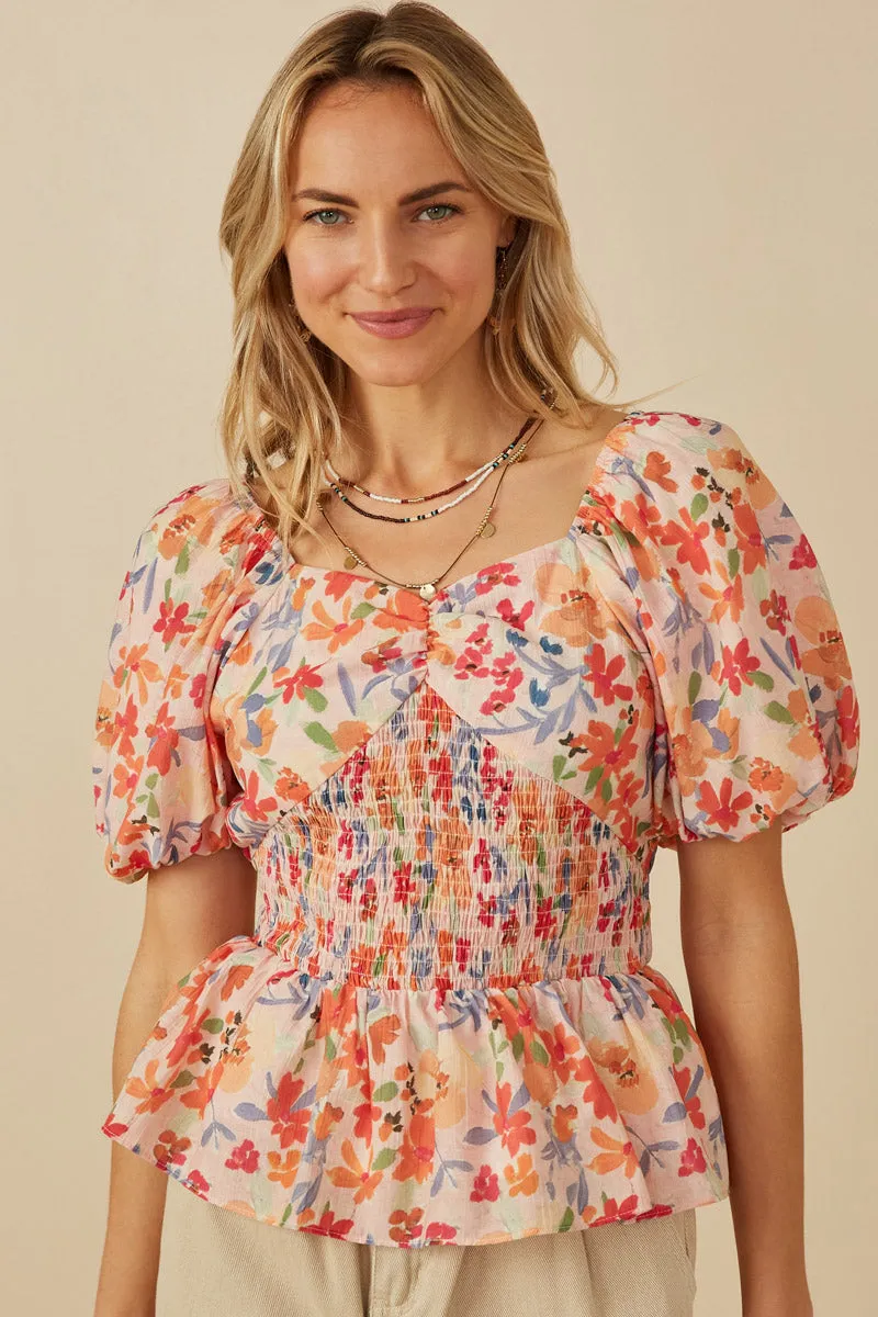Basic Dress Hidden Pocket Design Floral Smocking Paneled Puff Sleeve Top