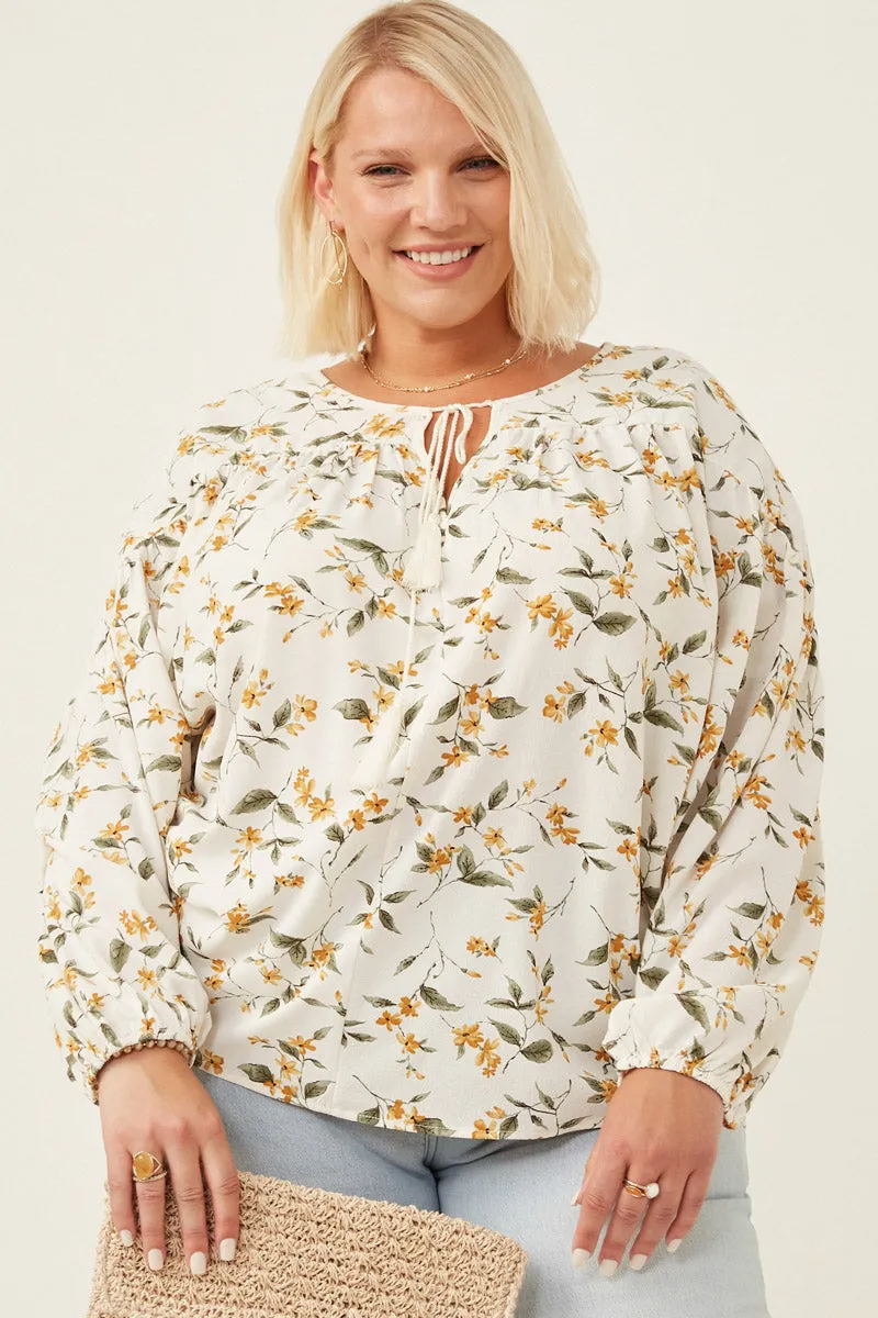 FrenchTerryTexture Floral Tasseled Gathered Dolman Top