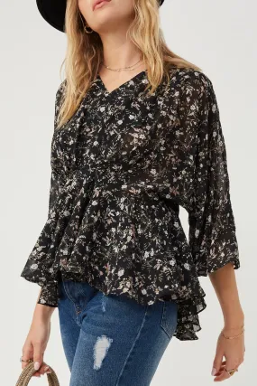 Durable Fiber Blend Roll Up Sleeve Design Floral V Neck Chiffon Peplum Top