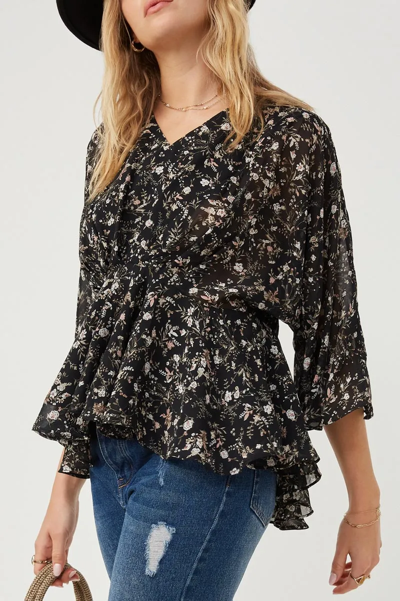 Layered Collar Design Floral V Neck Chiffon Peplum Top