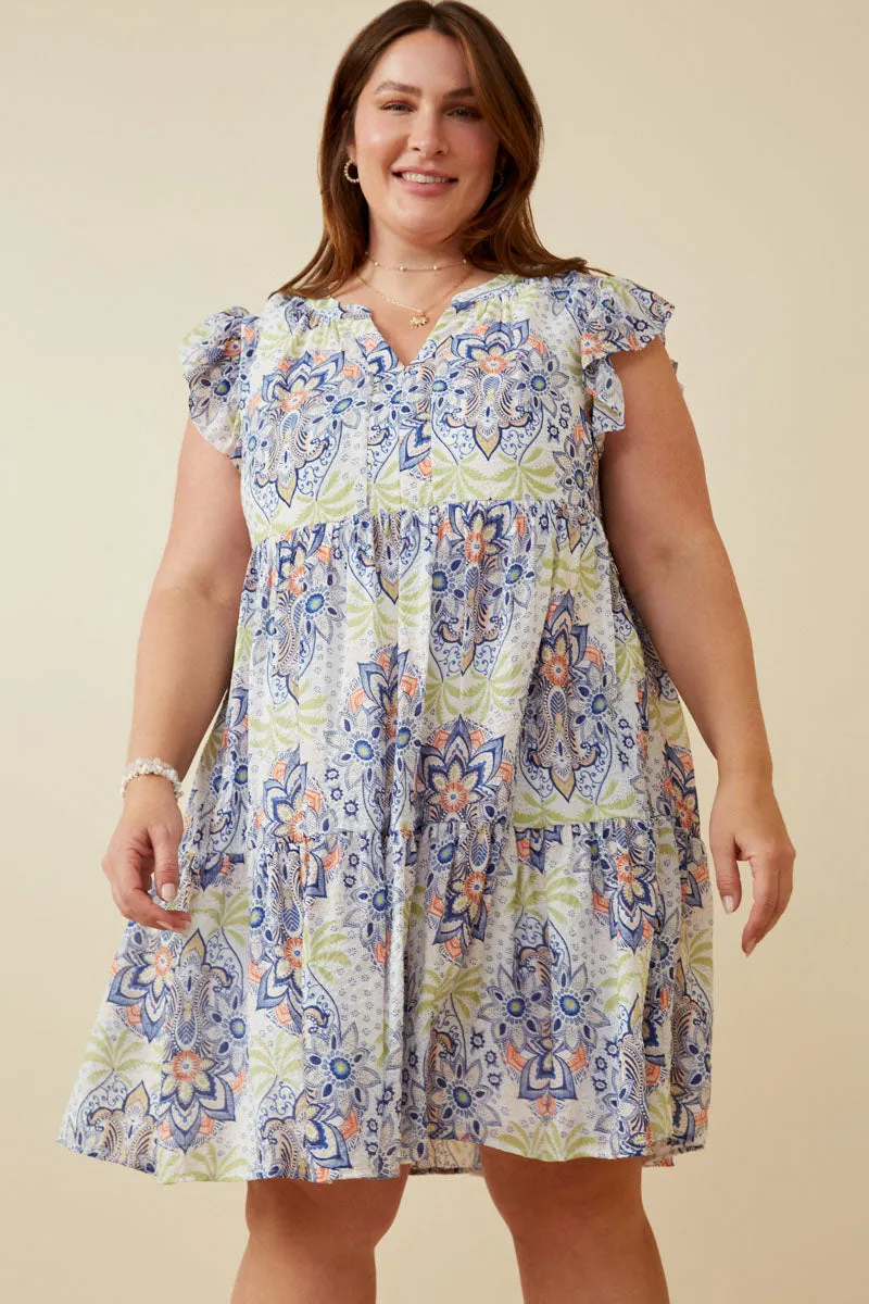 AntiFrayEdging Stylish Silhouette Textured Floral Mandala Print Ruffled Tank Dress