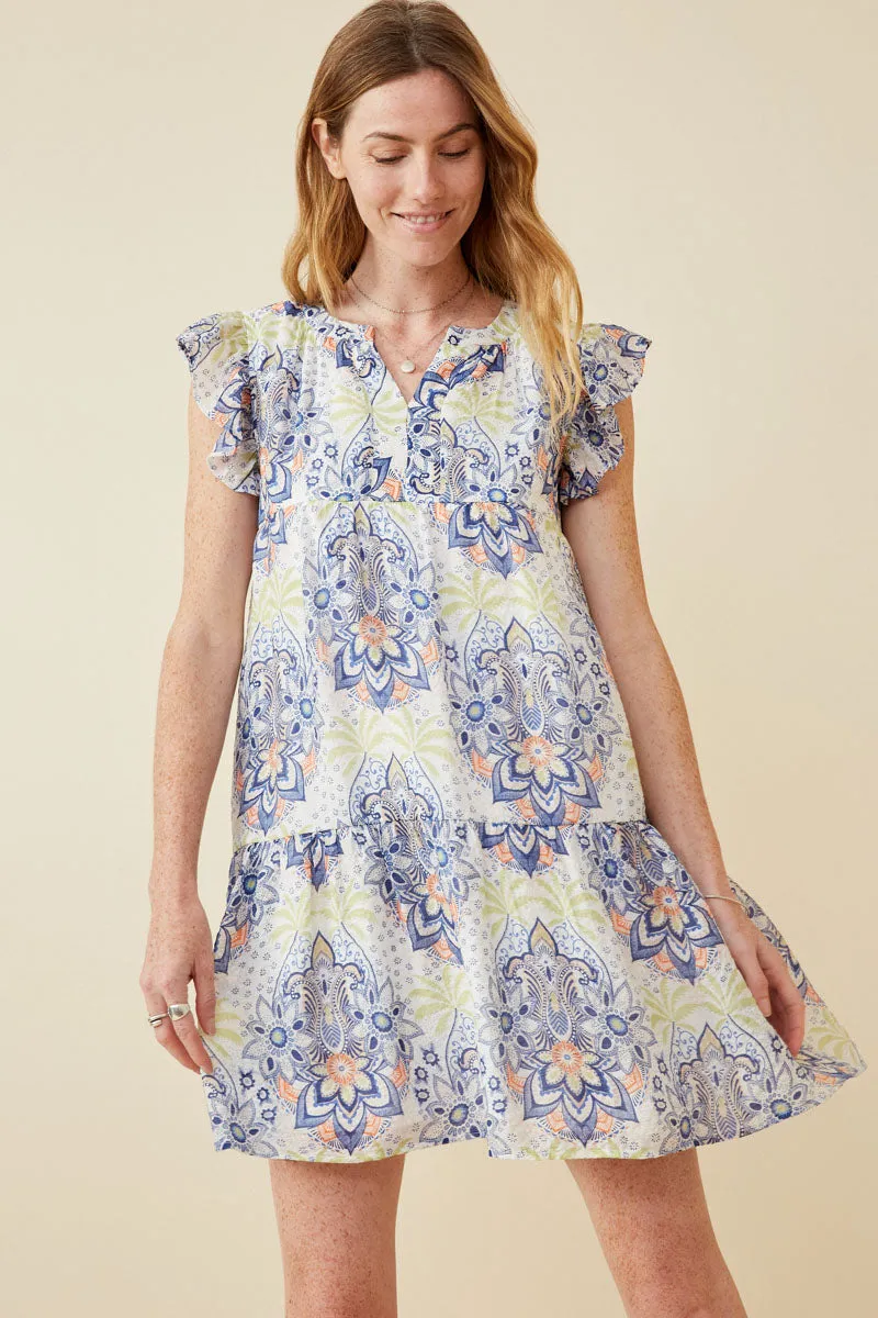 Textured Floral Mandala Print Ruffled Tank Dress summer breeze Street Flex