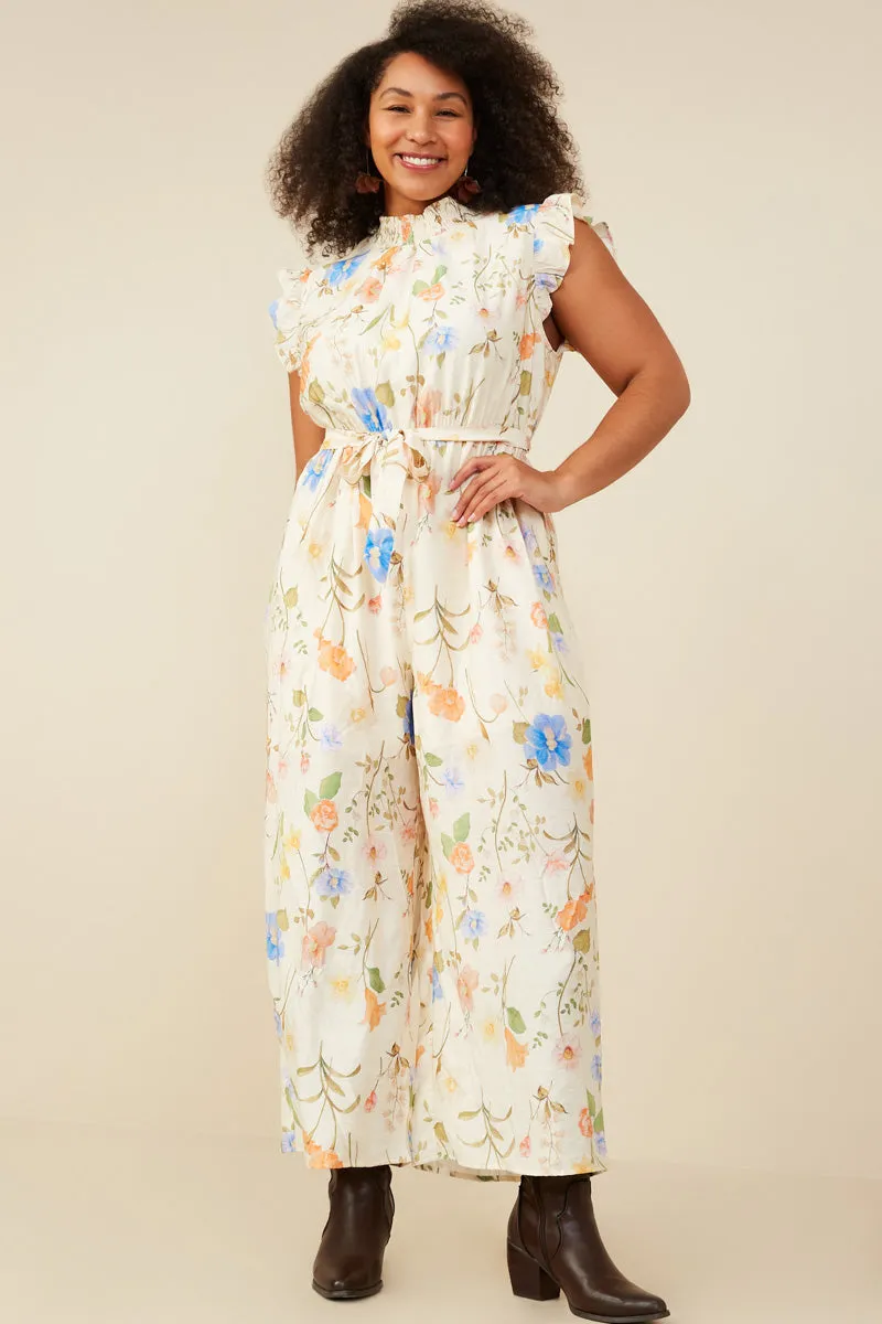 Textured Floral Smock Neck Sleeveless Jumpsuit Cold-Shoulder