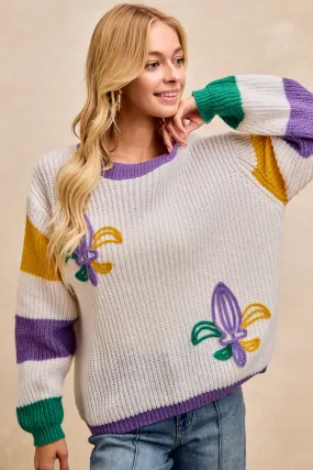 IT4791H-01 | MARDI GRAS THEME DE LIS EMROIDERED SWEATER TOP NonChafe Lining ContouredPanels