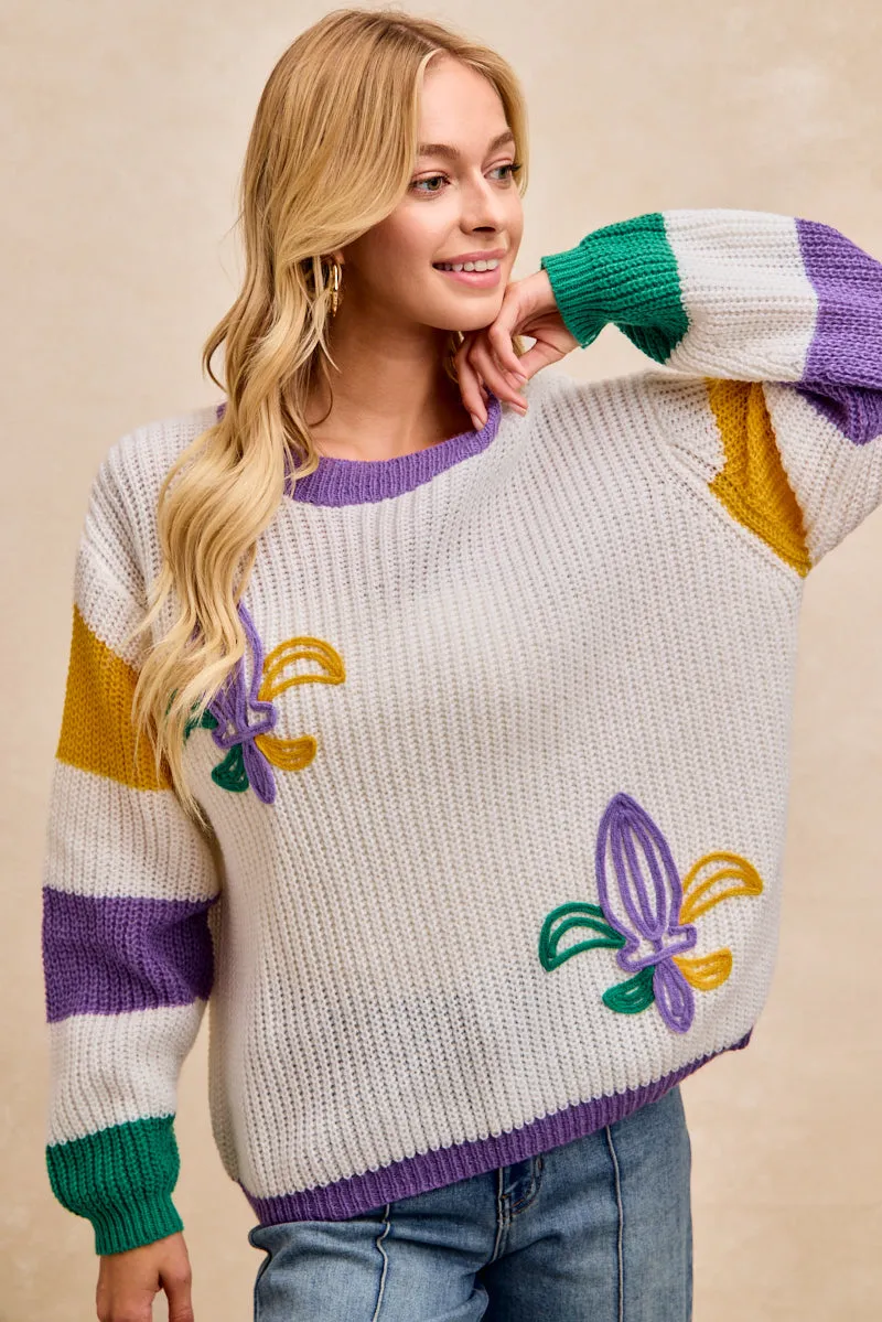 FlexibleKnit IT4791H-01 | MARDI GRAS THEME DE LIS EMROIDERED SWEATER TOP