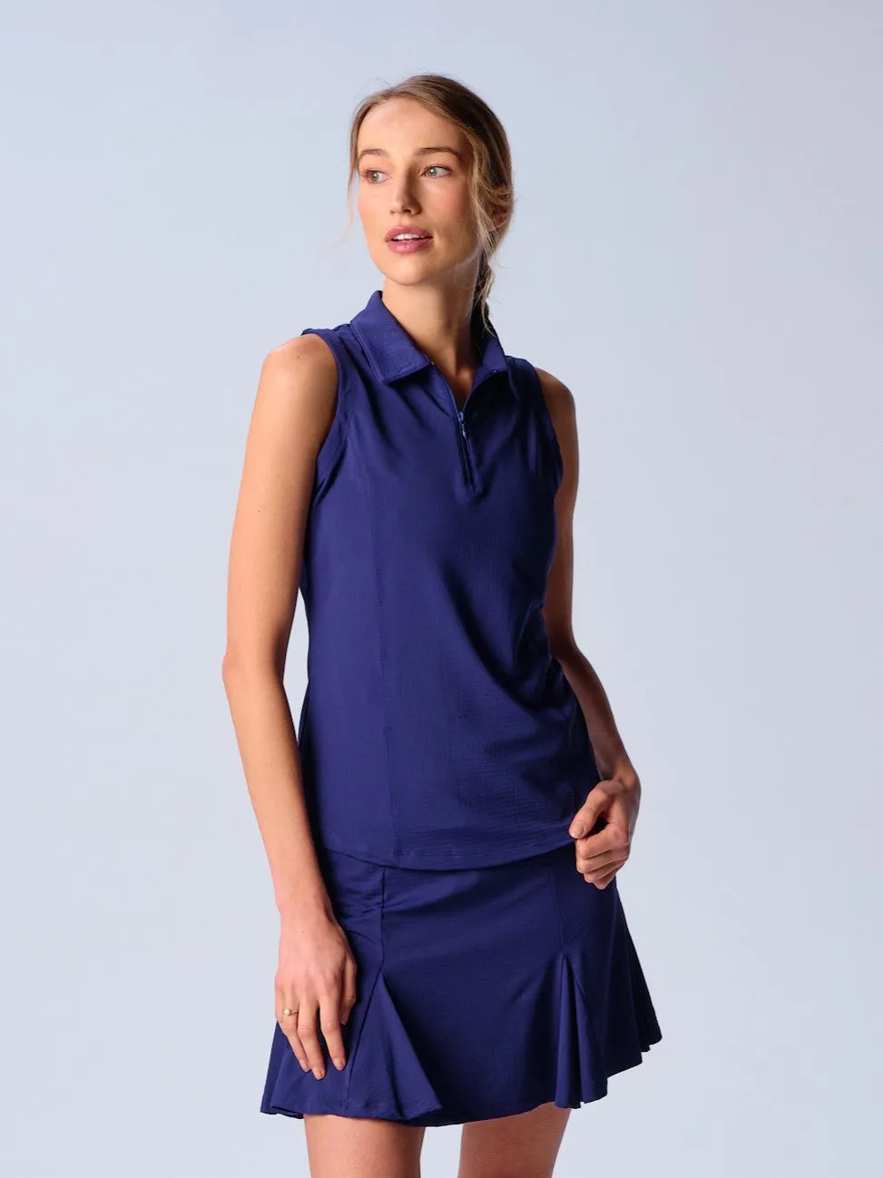 Sleeveless Zip Polo in True Navy Flexible Ribbed Cuffs