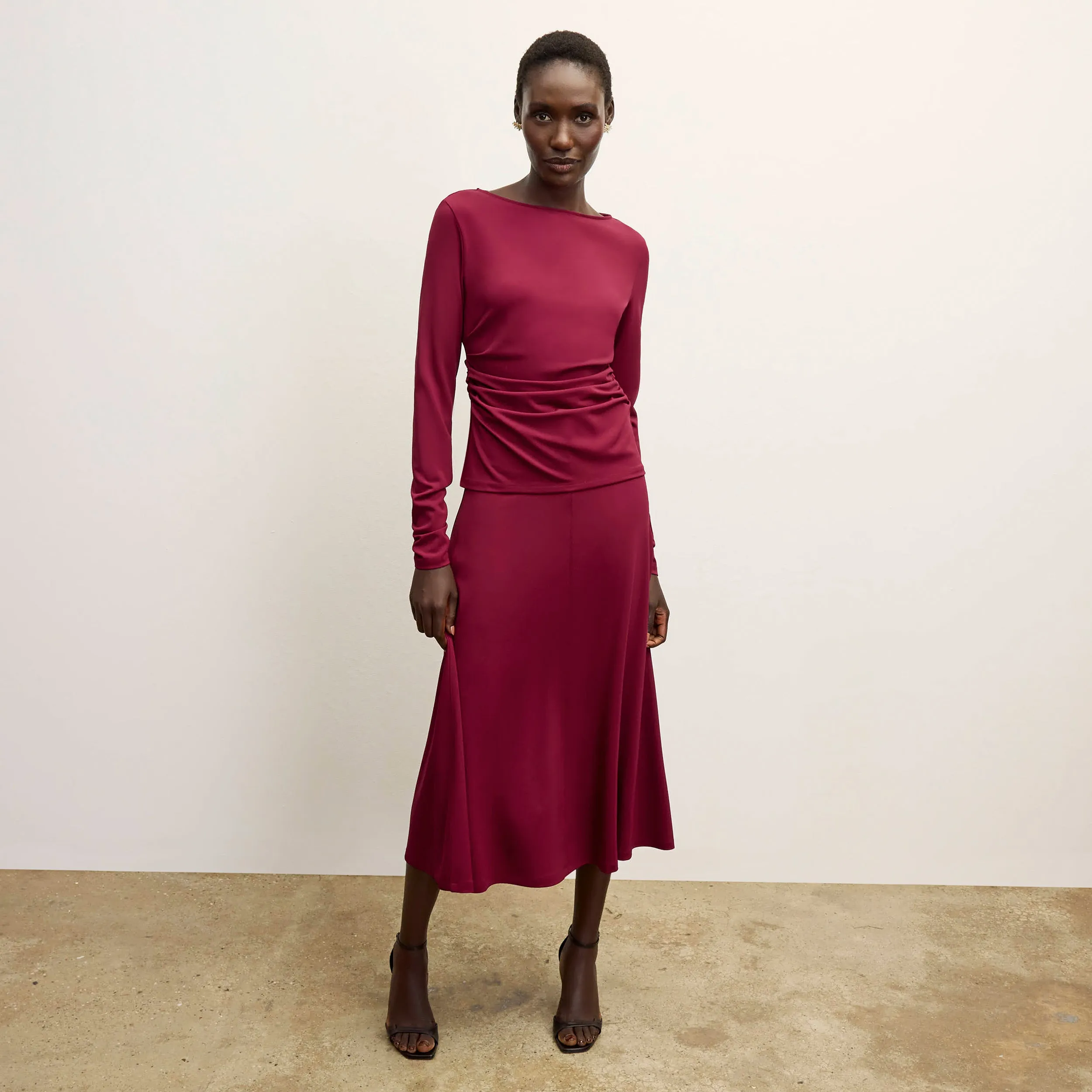 DoubleLayered Neckline LightReflective EcoFriendly Textile Misty Skirt - Italian Jersey :: Grenache