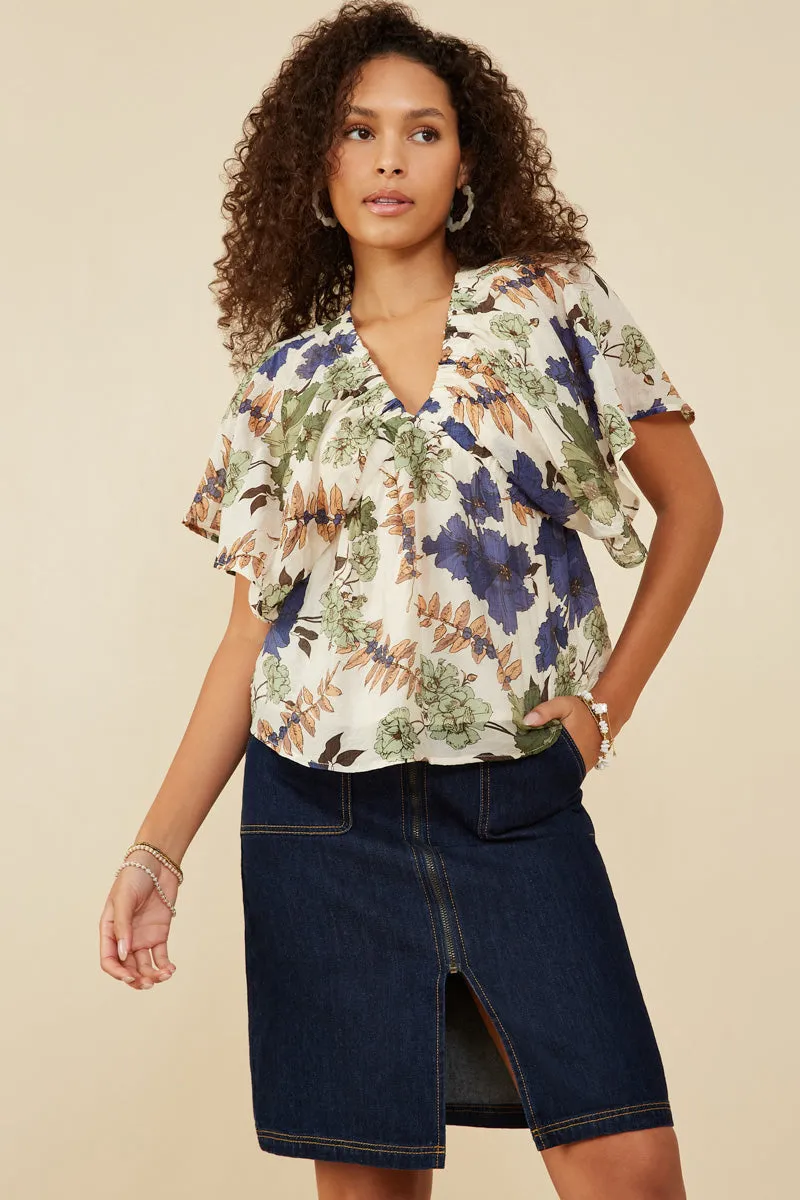 OdorControl Technology VentilatedBack Foliage Print Elastic Detail V Neck Top