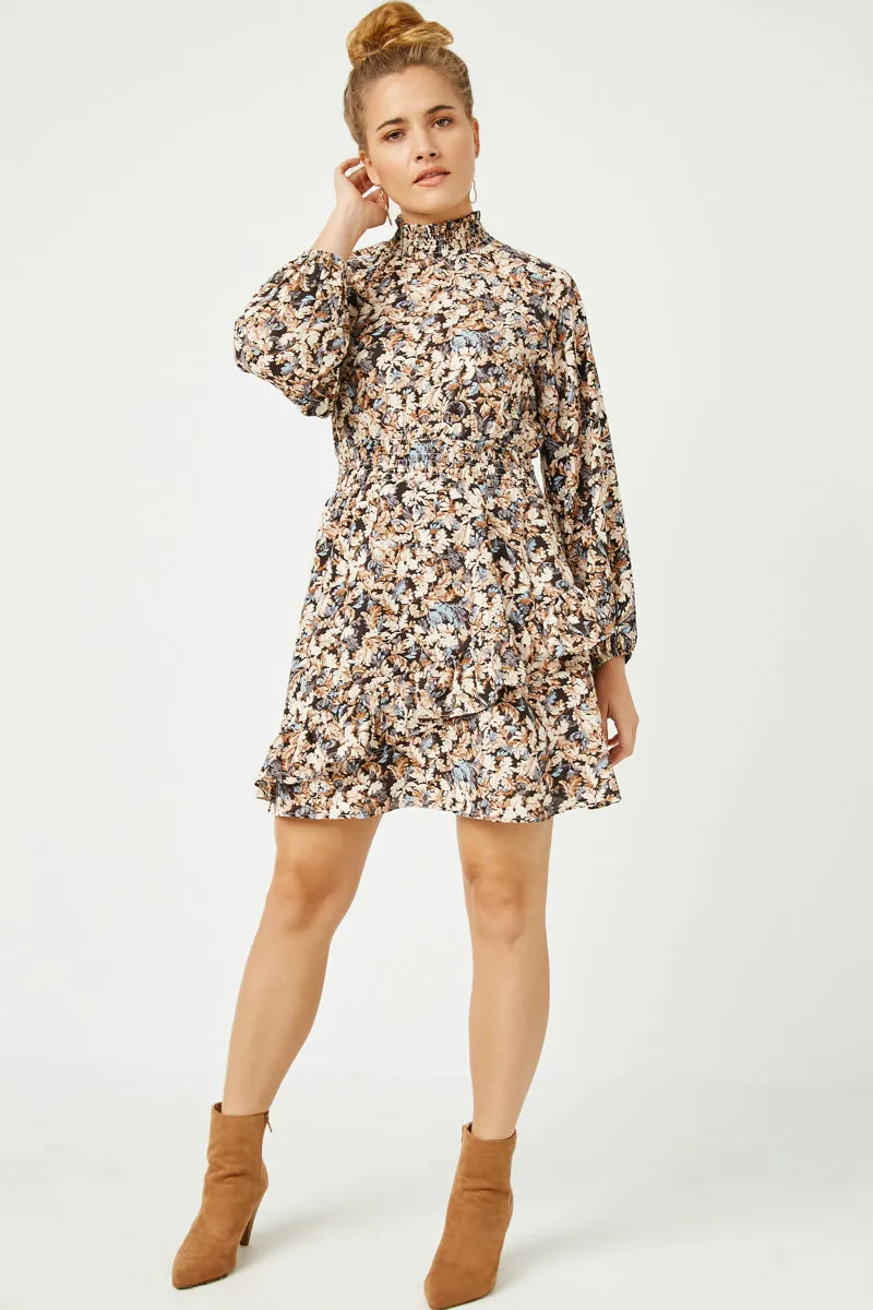 Foliage Print Long Sleeve Asymmetric Dress Underwire-Support Peace Glow