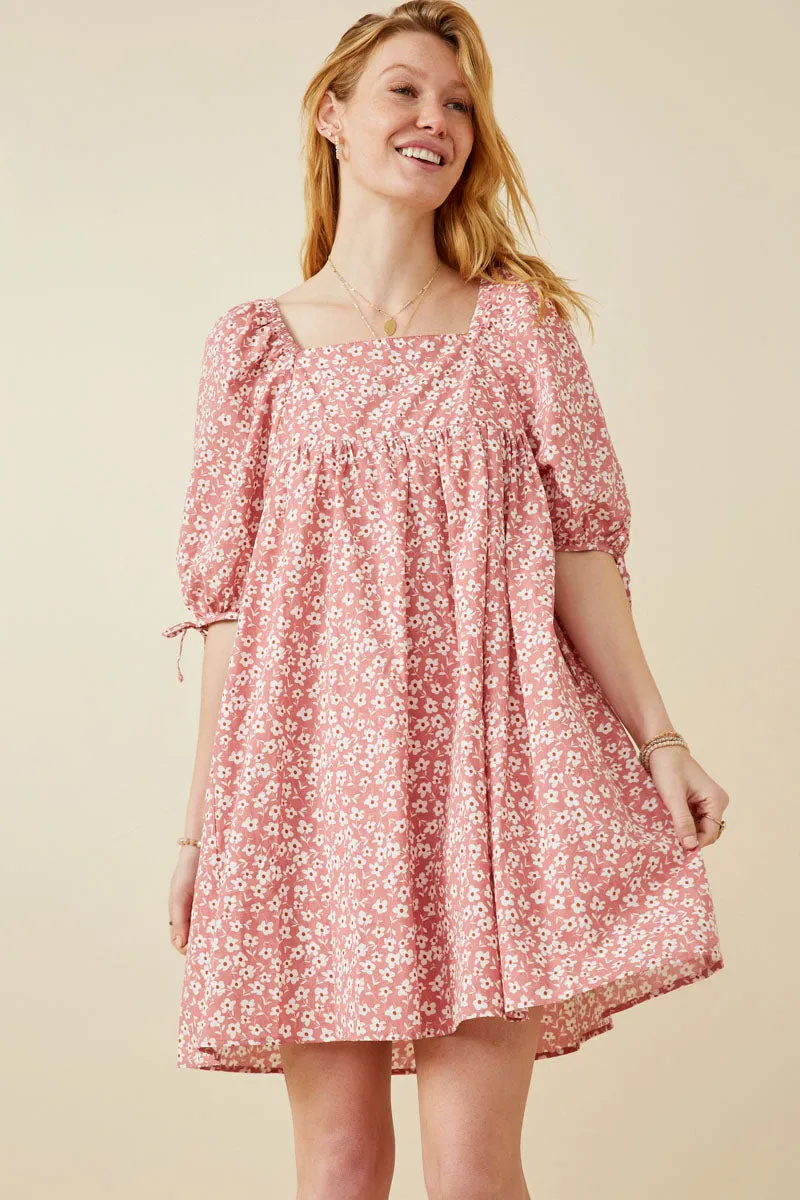 Rose Soft Delicate Finish Ditsy Floral Square Neck Poplin Dress