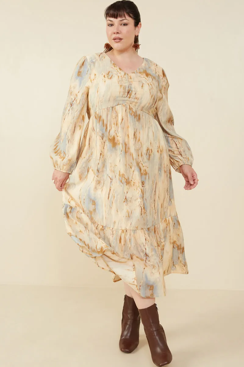 Oil Print Long Sleeve Gathered Bust Dress relaxed shape Air Beauty